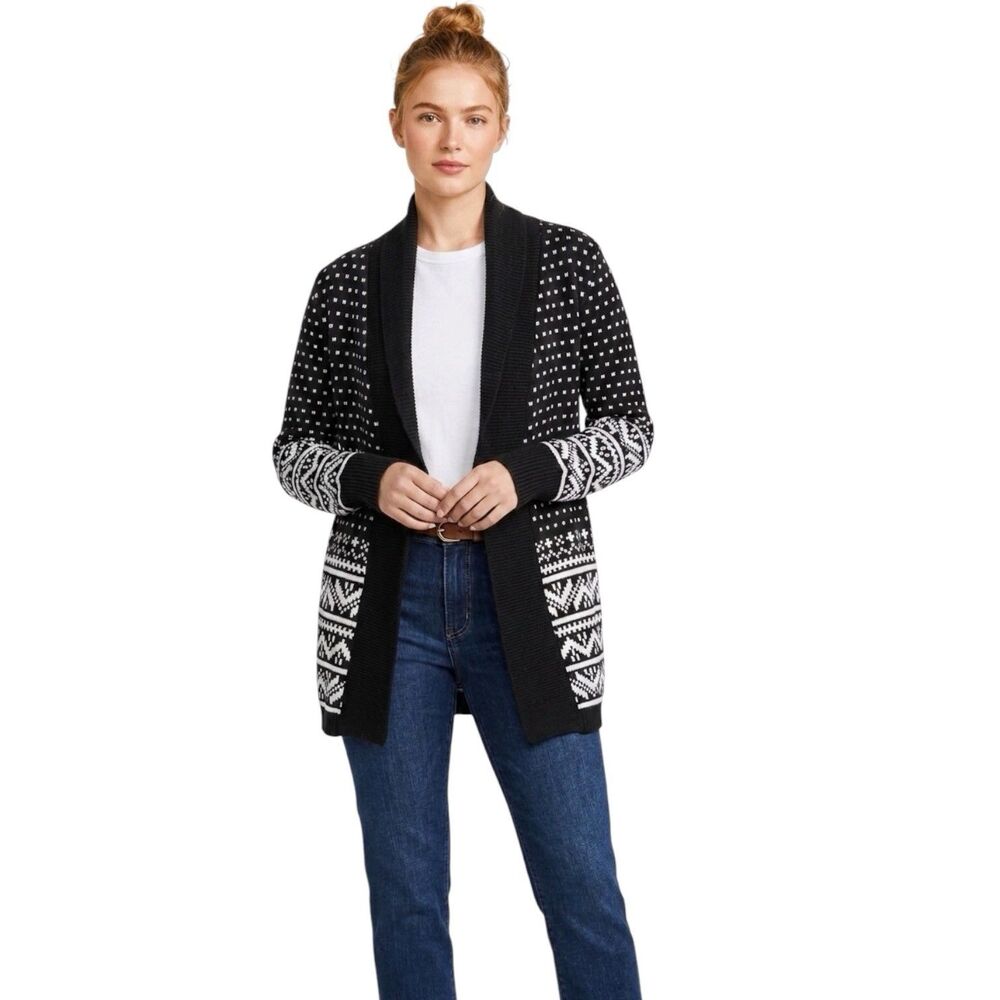 Loft Womens Fair Isle Cardigan Sweater Shawl Collar Open Front Nordic Sz Medium